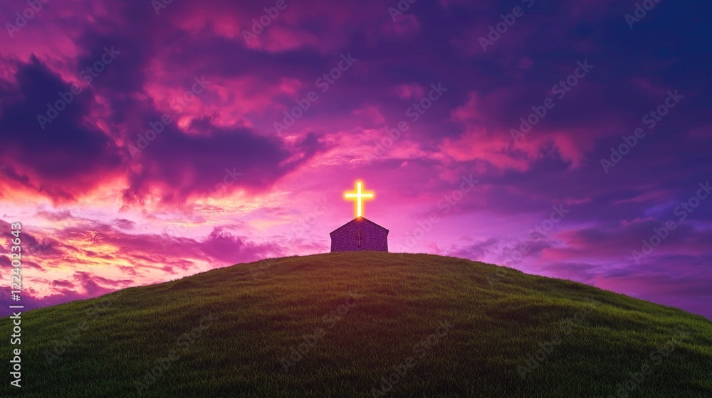 Obraz premium Glowing Cross on Hilltop at Sunset