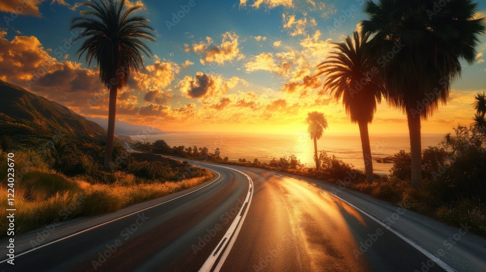 Coastal road sunset, palm trees, ocean view, travel (1) Coastal road sunset, palm trees, ocean view, travel (1)