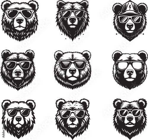 Set Of Cool Bear Head Wearing Sun Glass Silhouette Animal Vector Clipart Icon Hand Drawn Illustration