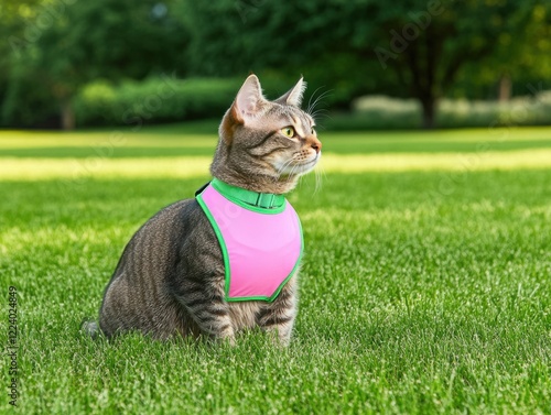 Cat in Bright Pink Harness Sitting on Green Grass Under Sunny Sky in a Park Setting photo