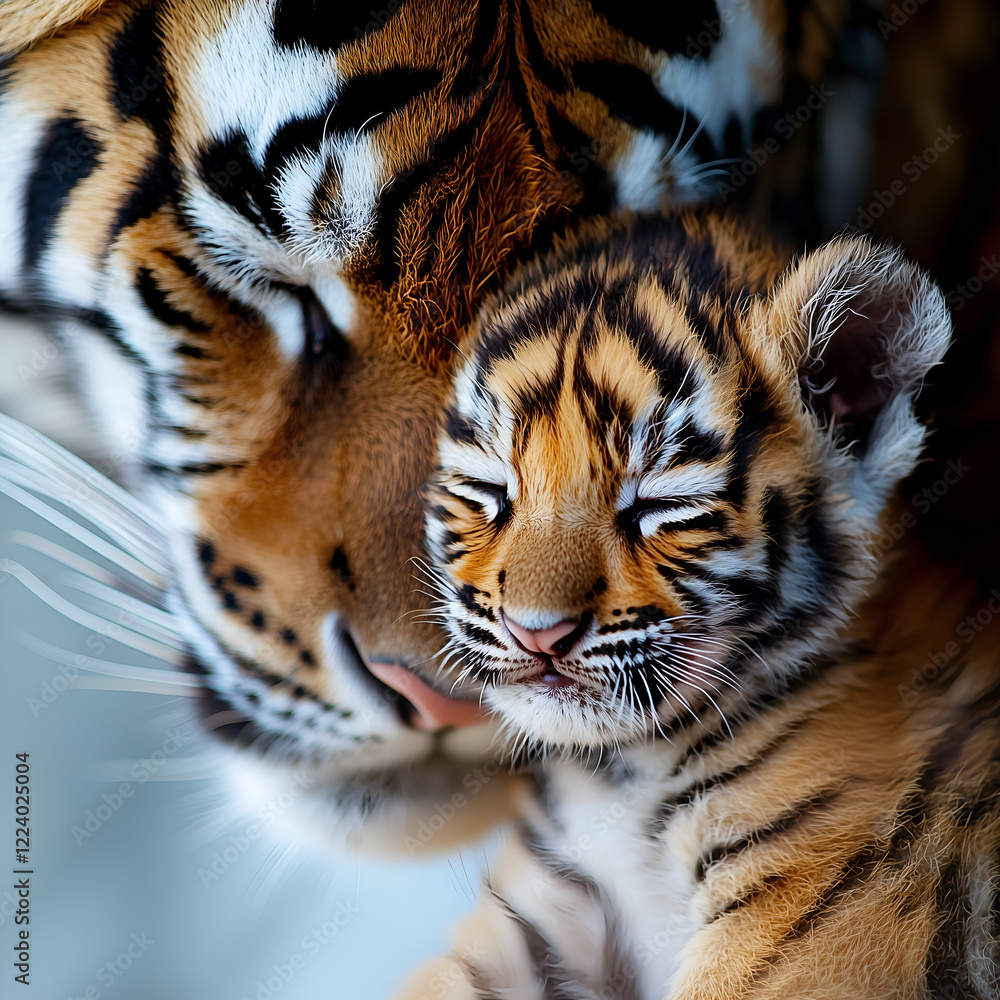 Fototapeta premium A tender moment between a mother tiger and her playful cub, showcasing their close bond and the beauty of wildlife.