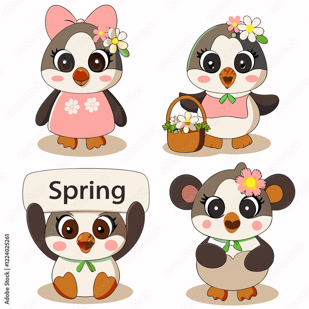 Four cute spring penguins and panda. Four cute spring penguins and panda.