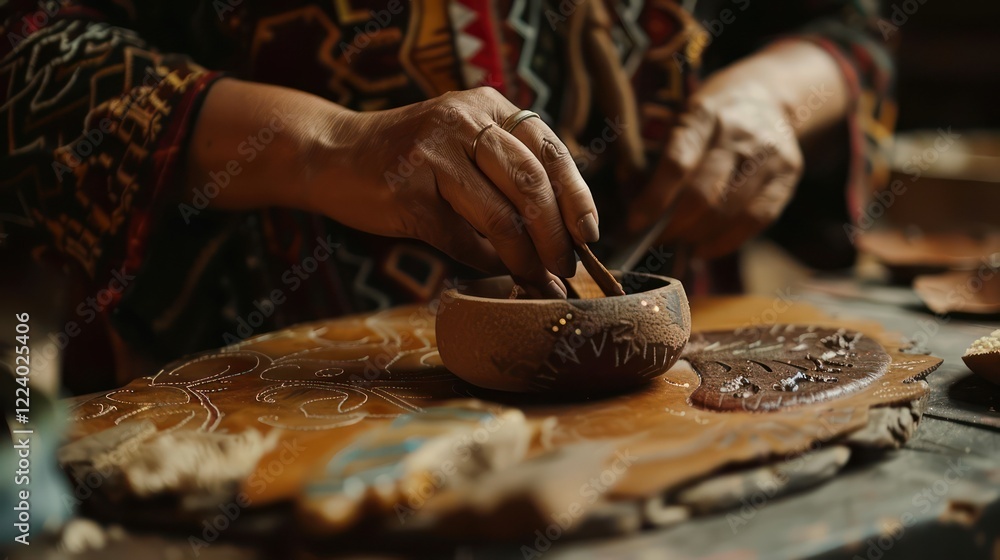 Fototapeta premium An artisan crafting handcrafted leather goods in a Santa Fe workshop, with tools, dyes, and intricate designs on the workbench.