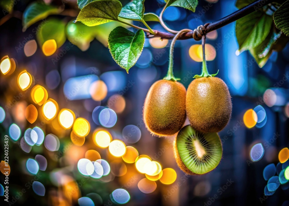 Obraz premium Tokyo Night Kiwi Vine - July 25, 2024 - Low Light Photography, Japanese Kiwi, Night Photography, Fruit Photography