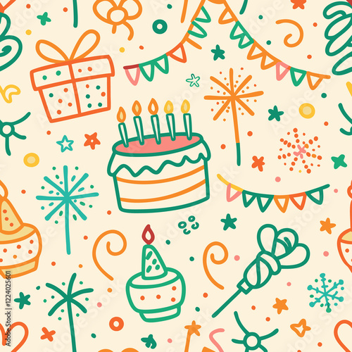 Seamless birthday party pattern with cake, gifts, and confetti.