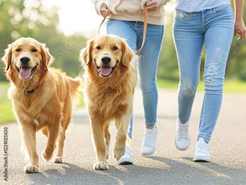 Two Happy Golden Retrievers Walk with Owners on a Sunny Day in a Park Surrounded by Greenery and Nature photo