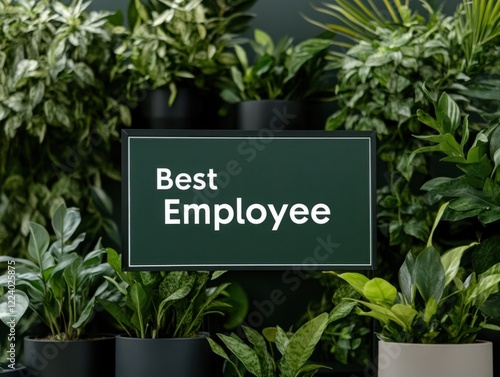 Best Employee Award Display Surrounded by Lush Green Indoor Plants and Modern Pots Ideal for Corporate Recognition and Motivation Themes photo