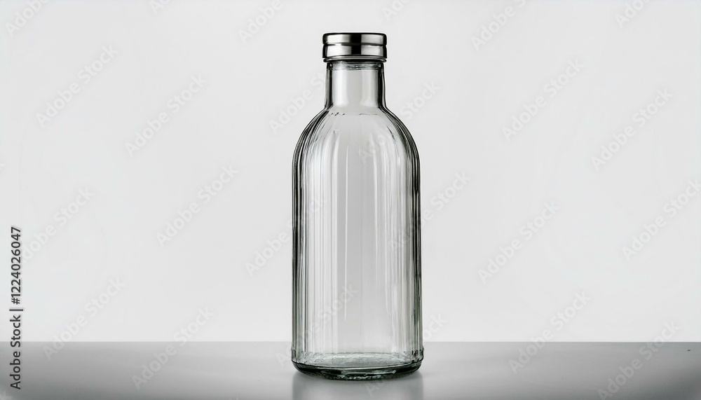 Clear glass bottle with ribbed design and metal cap. Clear glass bottle with ribbed design and metal cap.