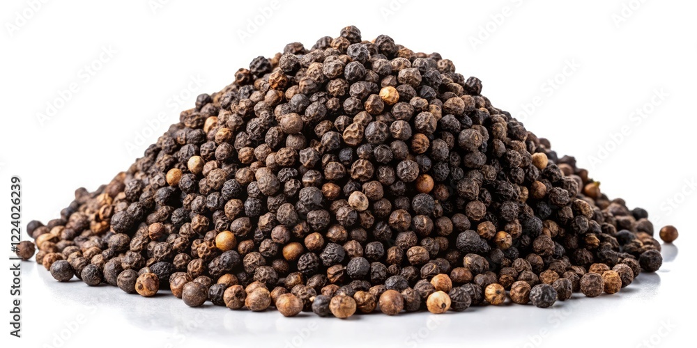 Pile of Black Peppercorns Isolated on White Background - High-Quality Panoramic Photography for Culinary Uses, Spices, Seasoning, Gourmet Cooking, Food Styling, and Recipe Development Pile of Black Peppercorns Isolated on White Background - High-Quality Panoramic Photography for Culinary Uses, Spices, Seasoning, Gourmet Cooking, Food Styling, and Recipe Development