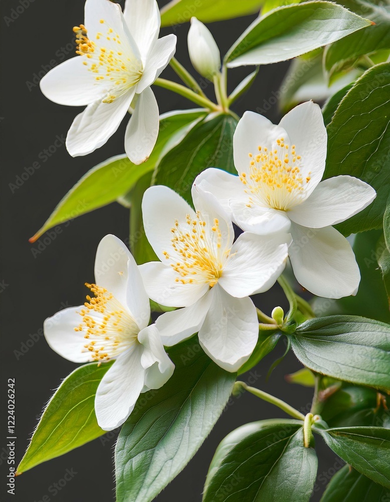 Obraz premium Delicate white blossoms with vibrant yellow centers, showcasing the beauty of nature.