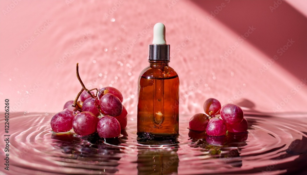 Red grape seed oil serum bottle and fresh grapes on pink background. Red grape seed oil serum bottle and fresh grapes on pink background.
