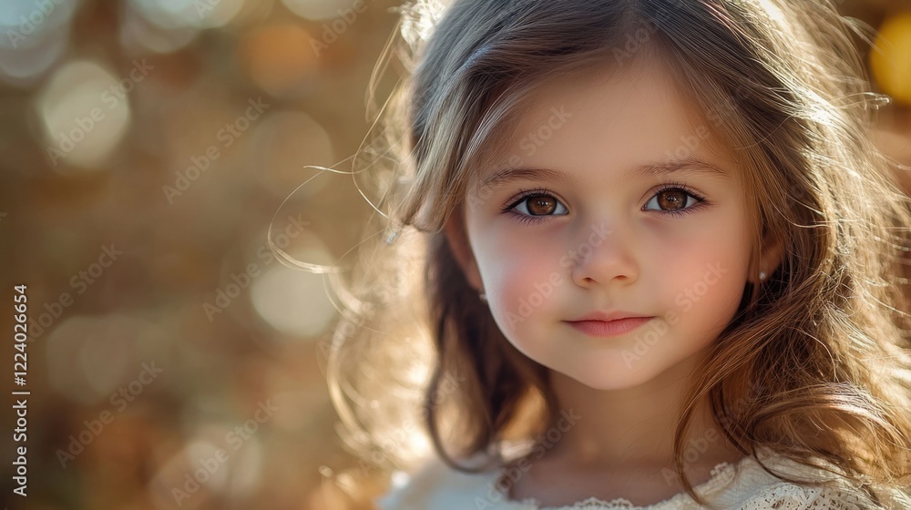 Portrait of a charming young girl with wavy brown hair posing against a blurred golden autumn background, illuminated soft natural light. Portrait of a charming young girl with wavy brown hair posing against a blurred golden autumn background, illuminated soft natural light.