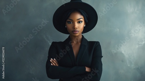 Confident young Black woman in stylish black suit and wide-brimmed hat poses with crossed arms against a textured gray background.