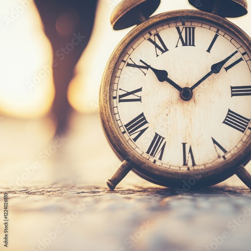 Vintage Clock on a Table with a Blurred Background in Warm Sunset Light Capturing the Essence of Time and Nostalgia photo