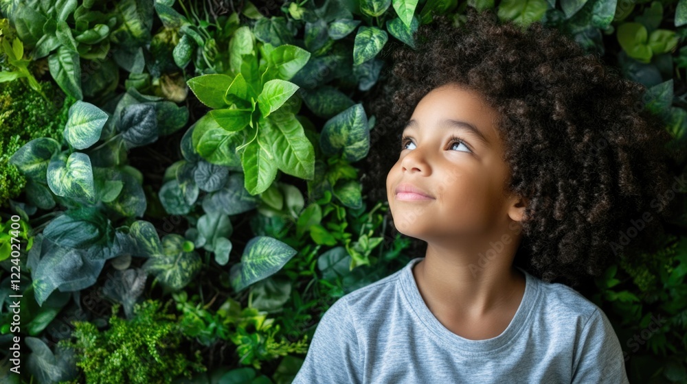 Thoughtful Elementary School Boy Reflecting on Environmental Issues Surrounded by Lush Greenery in Vertical Outdoor Garden Setting Thoughtful Elementary School Boy Reflecting on Environmental Issues Surrounded by Lush Greenery in Vertical Outdoor Garden Setting