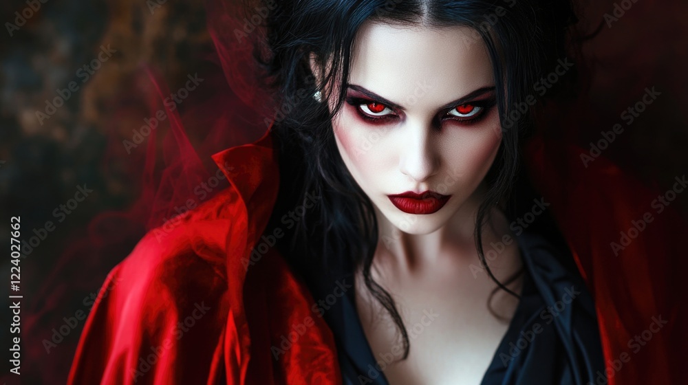 Mysterious beautiful vampire woman in a striking red cloak with intense red eyes and dramatic dark makeup, set against a moody dark background Mysterious beautiful vampire woman in a striking red cloak with intense red eyes and dramatic dark makeup, set against a moody dark background