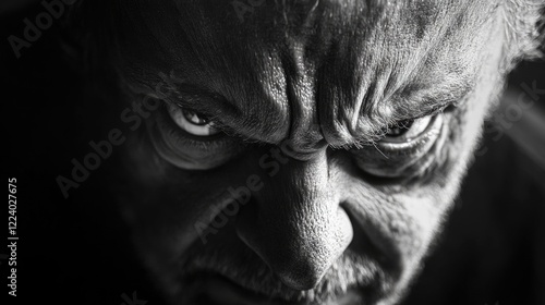 Intense close-up of an older man with furrowed brows and piercing eyes expressing anger in dramatic black and white tones with shadows.
