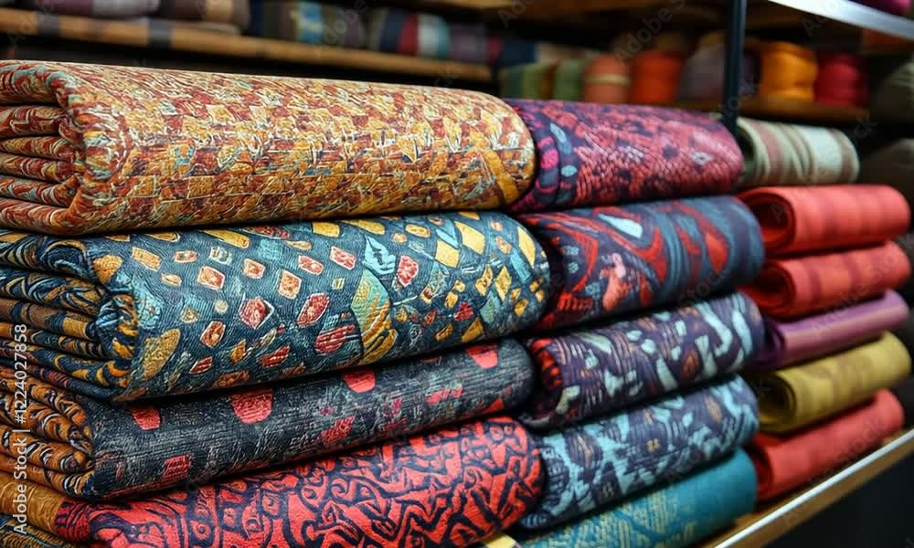 Vibrant textiles stacked neatly in a fabric shop, showcasing intricate patterns and colors Vibrant textiles stacked neatly in a fabric shop, showcasing intricate patterns and colors