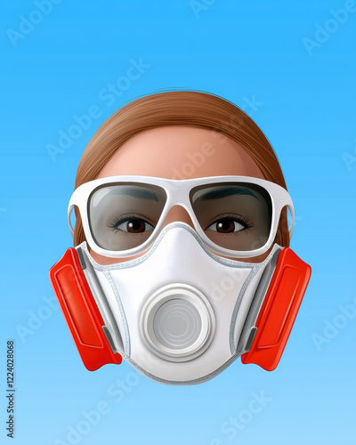 flat design of person face wearing respirator and protective goggles, conveying safety and health awareness photo