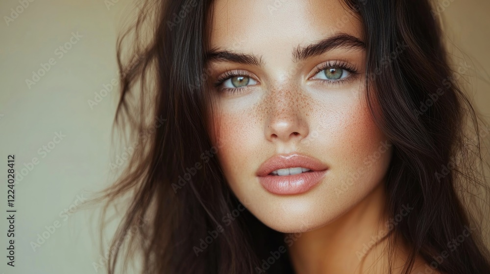 Close-up portrait of a young woman with clear skin, radiant complexion, natural makeup, healthy glowing face, and wavy dark brown hair against a soft beige background. Close-up portrait of a young woman with clear skin, radiant complexion, natural makeup, healthy glowing face, and wavy dark brown hair against a soft beige background.