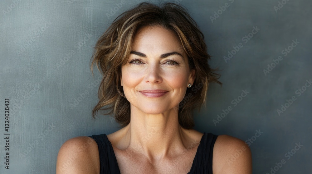 Stylish middle-aged woman with wavy brown hair and a warm smile posing confidently against a soft grey background in a head and shoulders portrait Stylish middle-aged woman with wavy brown hair and a warm smile posing confidently against a soft grey background in a head and shoulders portrait