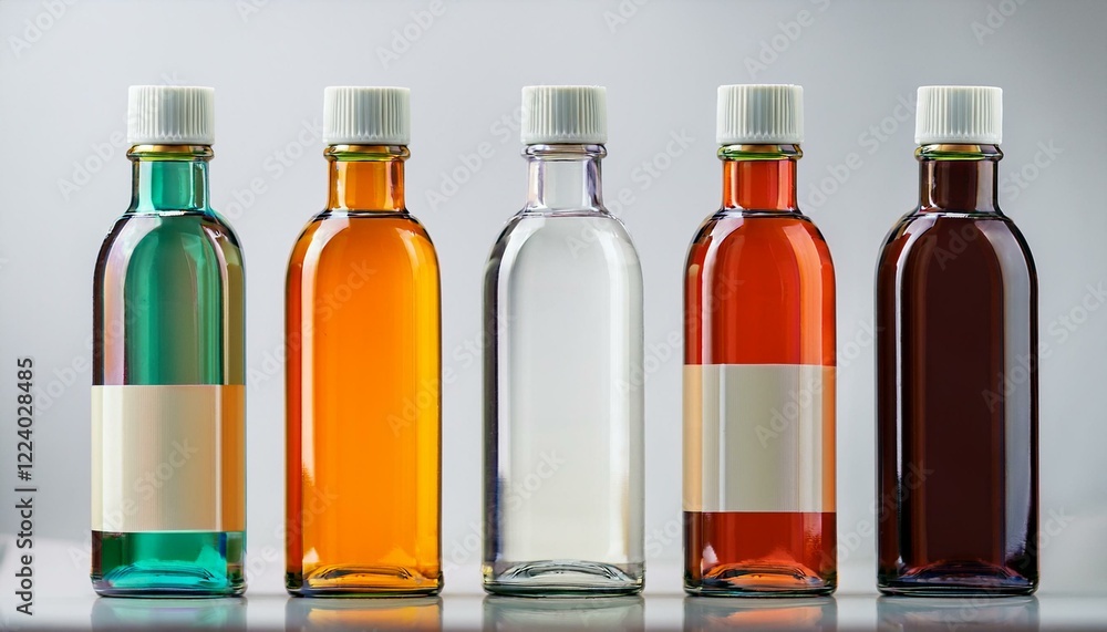Five bottles of different colored liquids with blank labels stand in a row against a light gray background. Five bottles of different colored liquids with blank labels stand in a row against a light gray background.