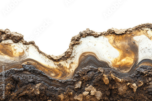 Close-up of unique geological layer showing rich textures and colors, highlighting natural beauty in earth's layers, isolated on a white background. photo