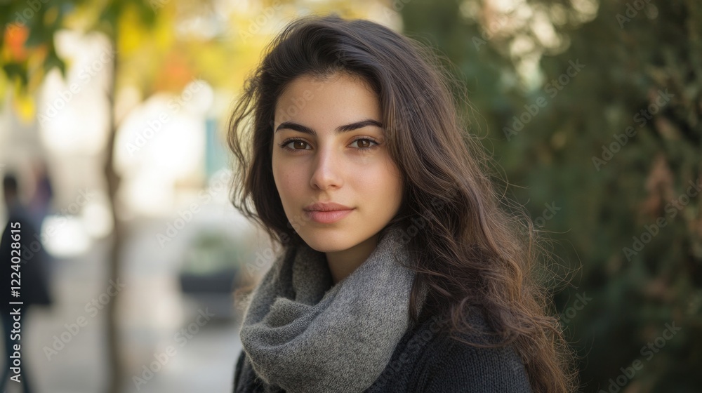 Young Greek woman with long brunette hair wearing a gray scarf, posing outdoors in Athens, Greece, surrounded by greenery and autumn colors. Young Greek woman with long brunette hair wearing a gray scarf, posing outdoors in Athens, Greece, surrounded by greenery and autumn colors.