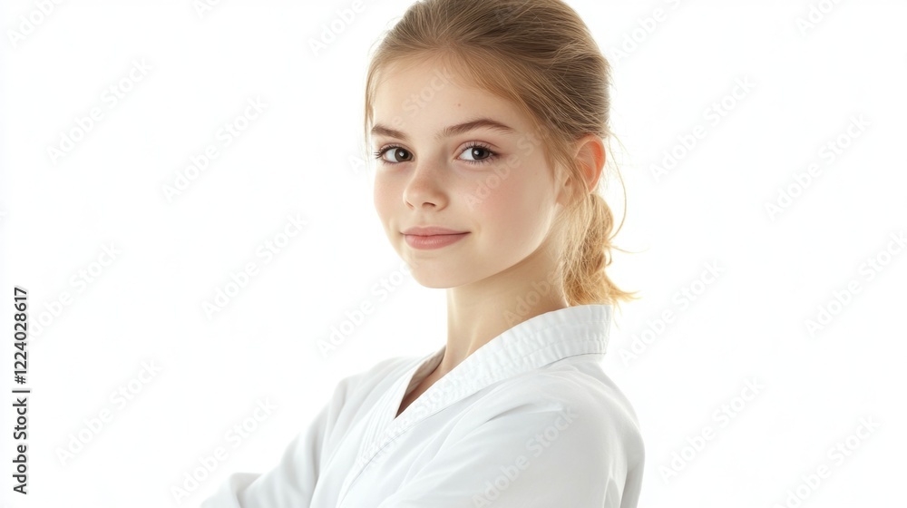 Young girl practicing karate in traditional white gi with a confident expression against a bright white background, showcasing determination and focus. Young girl practicing karate in traditional white gi with a confident expression against a bright white background, showcasing determination and focus.