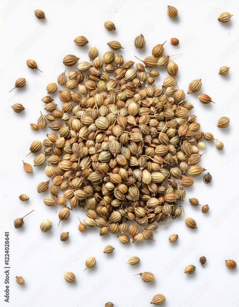 A pile of coriander seeds scattered on a white background. A pile of coriander seeds scattered on a white background.