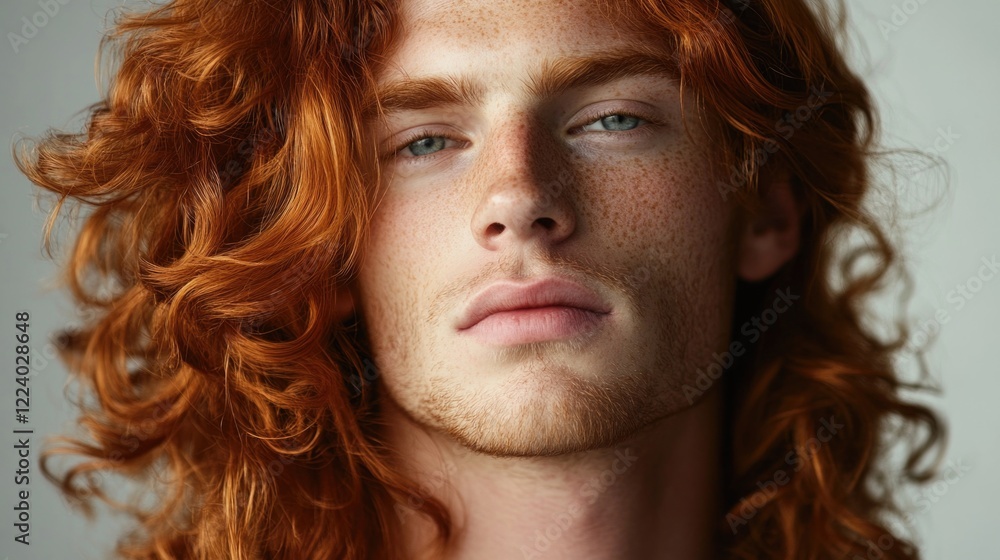 Studio portrait of attractive young man with long ginger curly hair and freckles, capturing expressive gaze against neutral background. Studio portrait of attractive young man with long ginger curly hair and freckles, capturing expressive gaze against neutral background.
