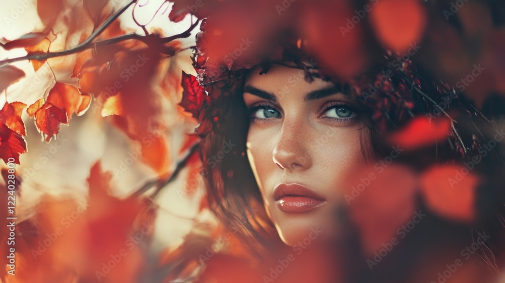 Portrait of young woman with enchanting blue eyes adorned with autumn leaves, featuring warm orange and red tones in a serene outdoor setting. Portrait of young woman with enchanting blue eyes adorned with autumn leaves, featuring warm orange and red tones in a serene outdoor setting.