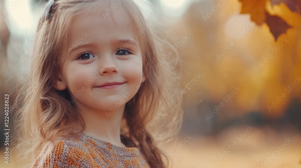 Fototapeta premium Cute little Caucasian girl in autumn landscape with golden leaves, smiling warmly in soft sunlight, wearing a cozy sweater, capturing childhood innocence.