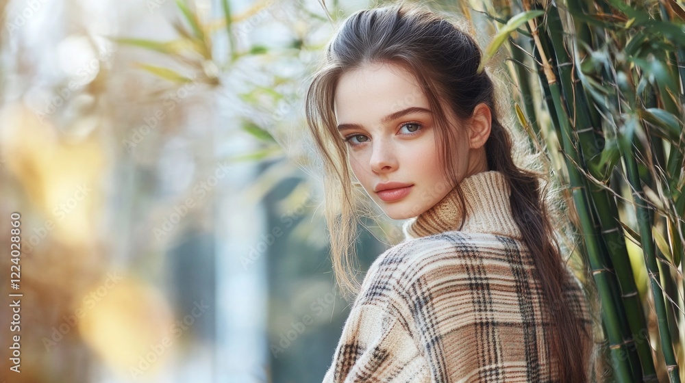 Fototapeta premium Autumn fashion portrait of a young Caucasian woman with brown hair wearing a cozy plaid wool sweater surrounded by green bamboo in a serene outdoor setting.