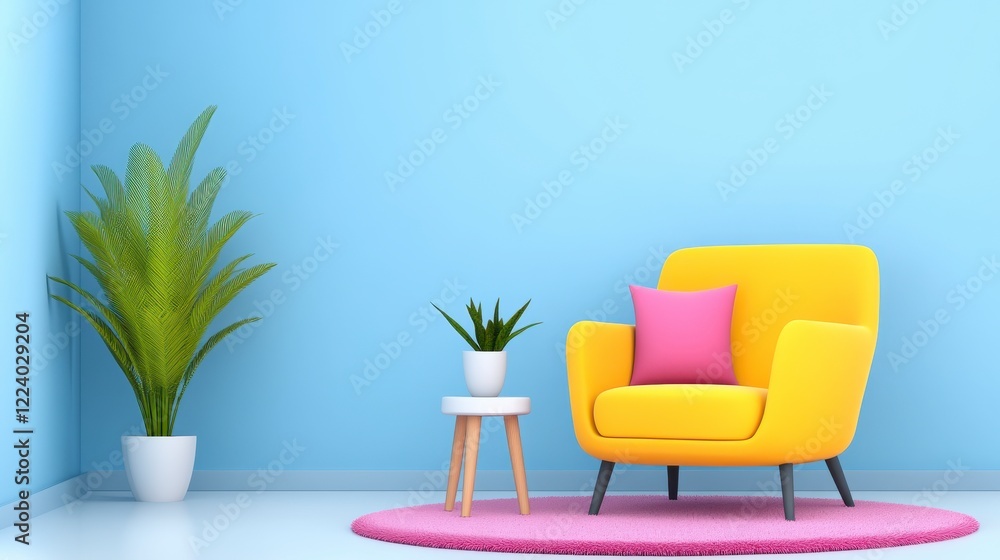 Bright Living Room with Yellow Chair and Pink Rug Against Blue Wall Bright Living Room with Yellow Chair and Pink Rug Against Blue Wall