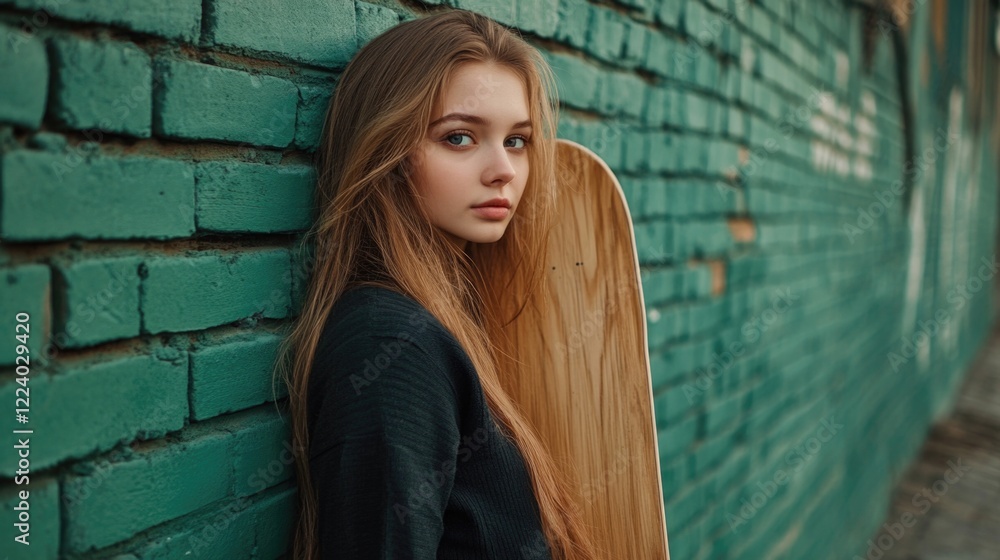Obraz premium Long-haired young woman in black sweater poses with wooden longboard against vibrant green brick wall, gazing at the camera with serene expression.