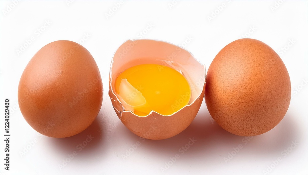 Two whole eggs and one cracked egg with yolk visible. Two whole eggs and one cracked egg with yolk visible.