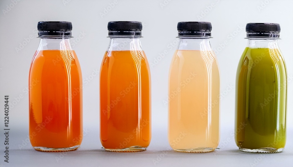 Four bottles of refreshing juice in vibrant colors. Four bottles of refreshing juice in vibrant colors.