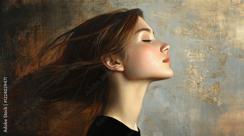 Fototapeta premium Elegant Young Woman in Profile with Windblown Hair Against a Textured Neutral Background Capturing Serenity and Grace