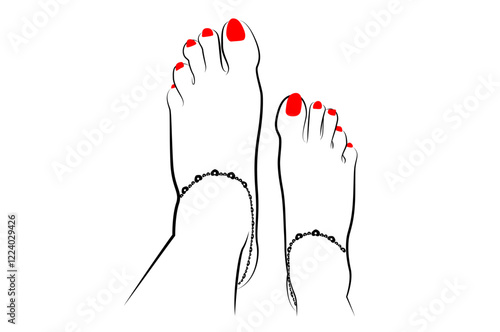 Indian Beautiful girl feet with anklets and red nails line drawing isolated on white background - vector illustration