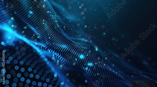 Abstract blue digital wave, particles, dark background, technology concept