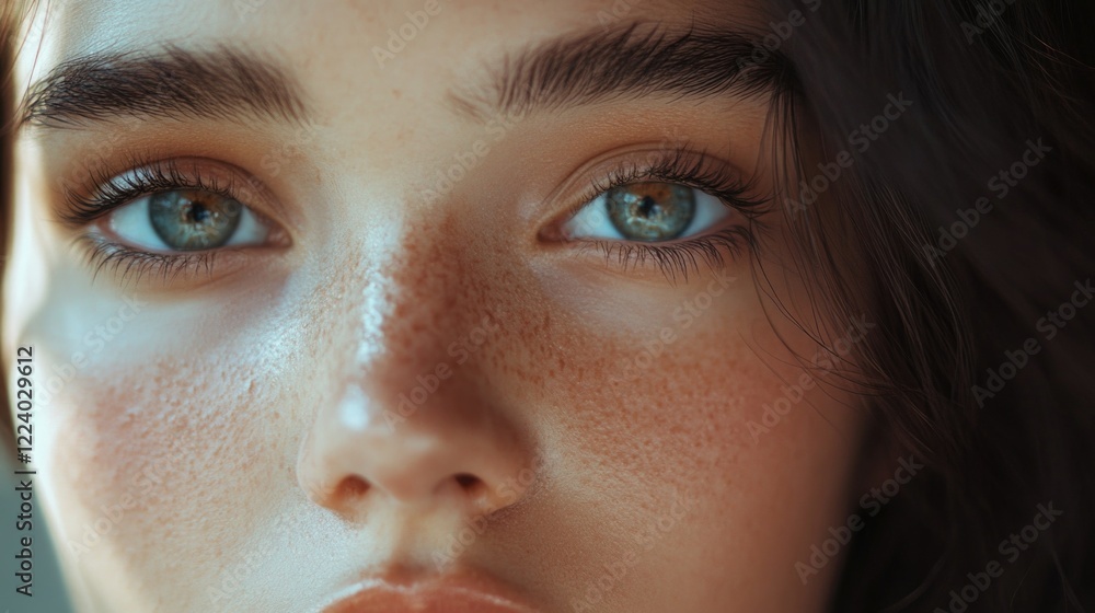 Fototapeta premium close-up portrait of beautiful woman with natural makeup showcasing clear skin and striking blue eyes highlighted by soft lighting and warm tones