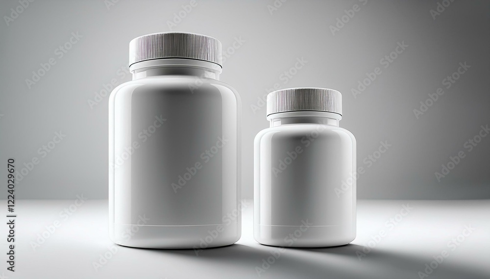 Two blank white supplement bottles on a white surface. Perfect for your product mockups! Two blank white supplement bottles on a white surface. Perfect for your product mockups!