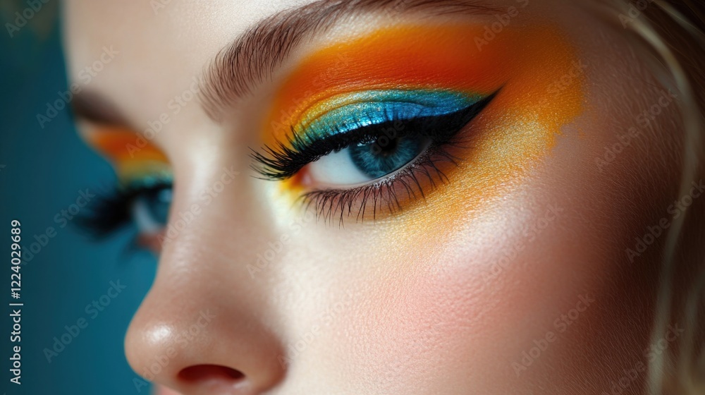 Fototapeta premium Close-up portrait of a young Caucasian woman with vibrant orange and blue eyeshadow, highlighting her striking blue eyes and flawless skin.