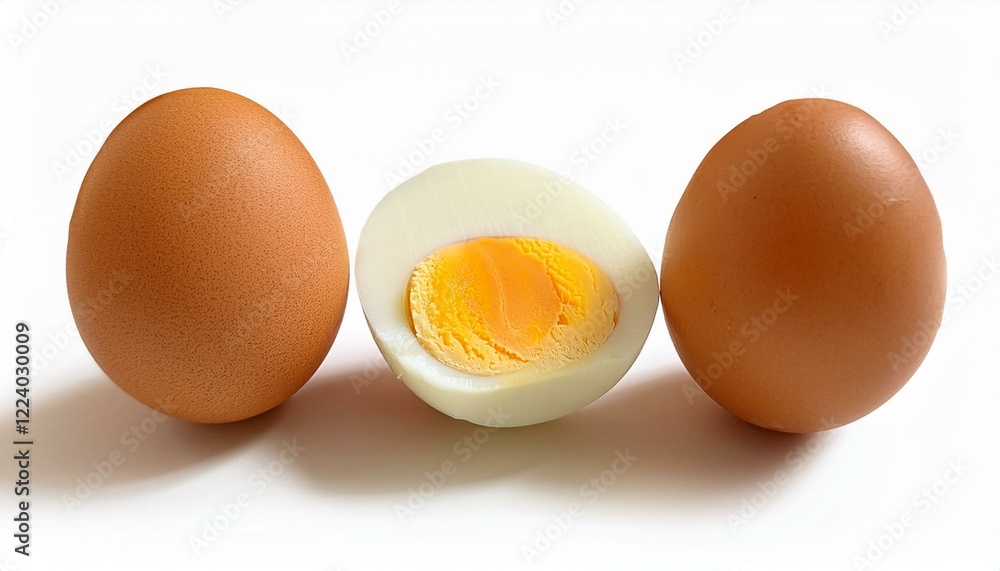 Two whole eggs and one halved hard-boiled egg. Two whole eggs and one halved hard-boiled egg.