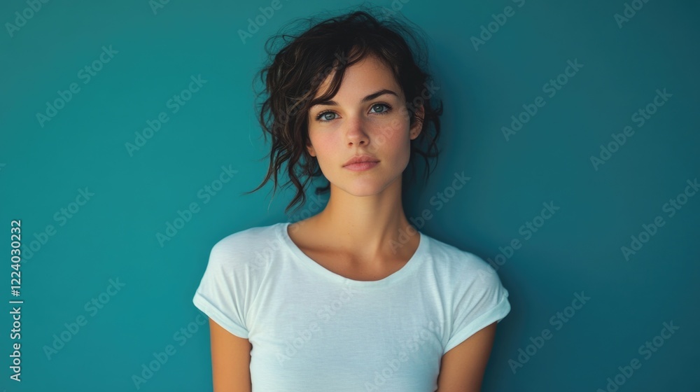Obraz premium Fashionable young woman with curly hair wearing a white t-shirt against a teal background exuding confidence and style in a modern setting