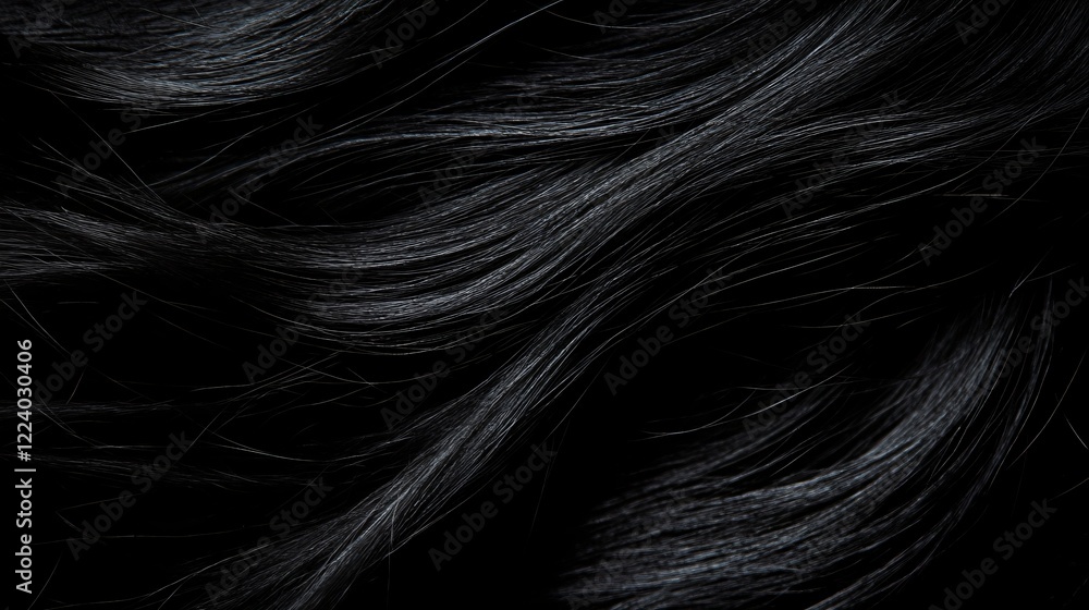 Naklejka premium Luxurious Smooth Black Hair Texture Close up Image of Shiny Wavy Strands