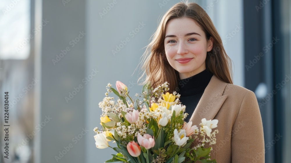 Elegant young woman holding a vibrant bouquet of spring flowers in modern outdoor urban setting with soft natural light and space for text. Elegant young woman holding a vibrant bouquet of spring flowers in modern outdoor urban setting with soft natural light and space for text.