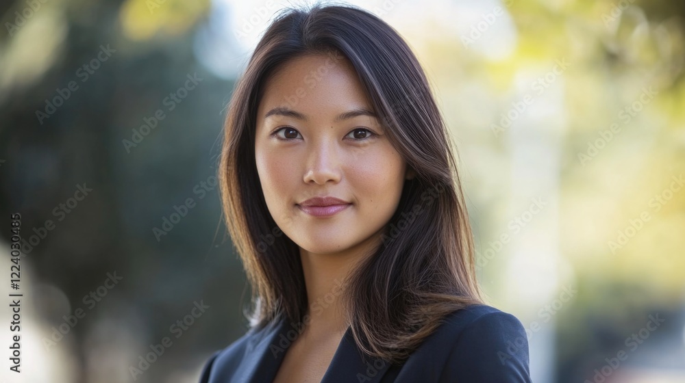 Confident young Asian businesswoman in professional attire outdoors, surrounded by greenery with soft natural light highlighting her features. Confident young Asian businesswoman in professional attire outdoors, surrounded by greenery with soft natural light highlighting her features.
