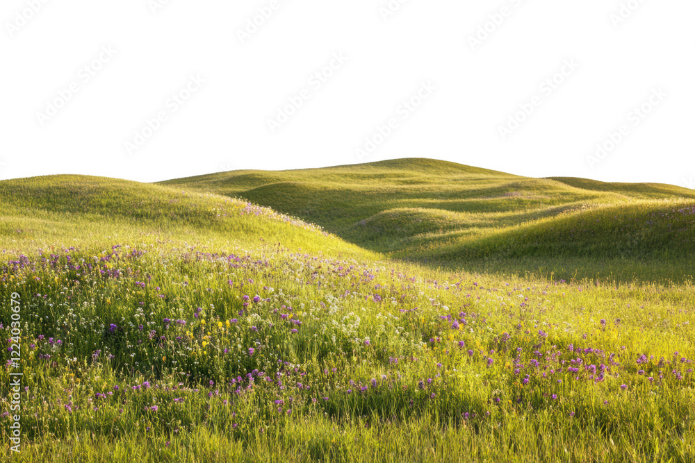 Fototapeta premium Gentle rolling hills covered in vibrant green grass and wildflowers under a clear blue sky, embodying the beauty of nature in a serene landscape.